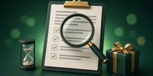 Kính lúp trên bảng thể lệ có checklist, cạnh đồng hồ cát và hộp quà, minh họa đọc điều kiện nhận khuyến mãi 99WIN
