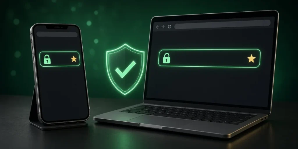 Link Vào 99WIN Chính Thức: Cách Kiểm Tra Địa Chỉ v99win.us 1 Điện thoại và laptop hiển thị thanh địa chỉ có ổ khóa HTTPS, minh họa cách kiểm tra link vào 99WIN chính thức