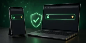 Điện thoại và laptop hiển thị thanh địa chỉ có ổ khóa HTTPS, minh họa cách kiểm tra link vào 99WIN chính thức
